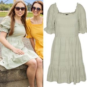 Vero Moda Puff Sleeve Embroidered Eyelet Cottagecore Dress in Sage